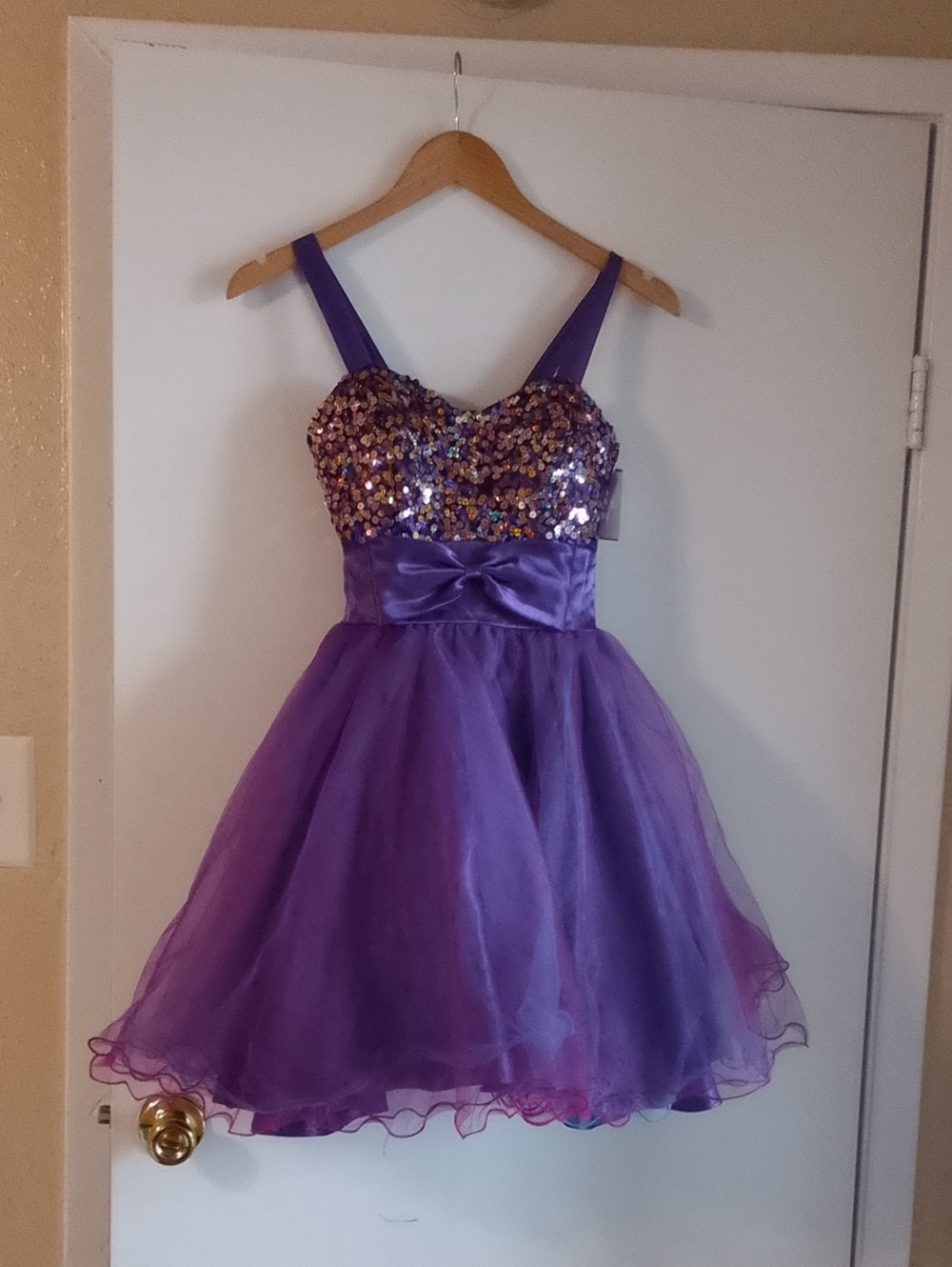 Girls Purple Sequin Tulle Party Dress with Satin Waist Bow